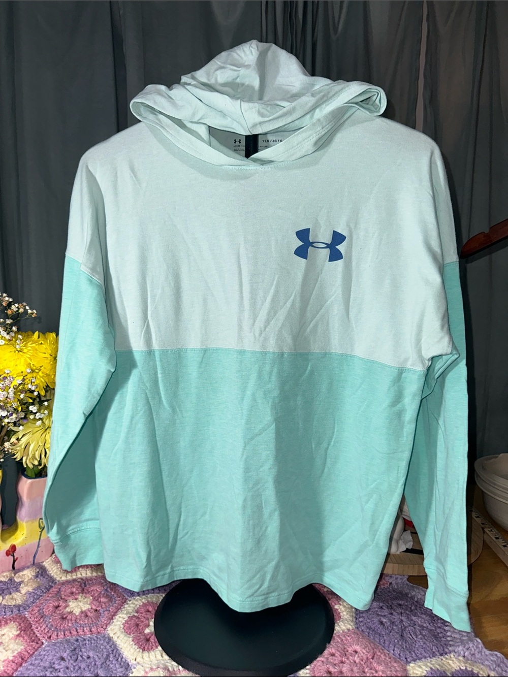 🎉Under Armour Men's Mint and White Colorblock Hoodie with Blue Logo. C346